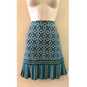 Max Studio Teal Patterned A-Line Skirt with Striped Ruffle Hem